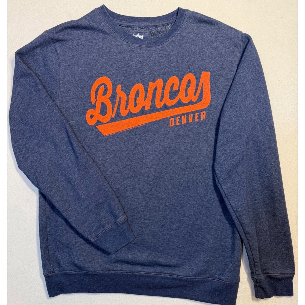 NFL Team Apparel Denver Broncos Sweatshirt Mens Large Navy Blue Orange Crewneck